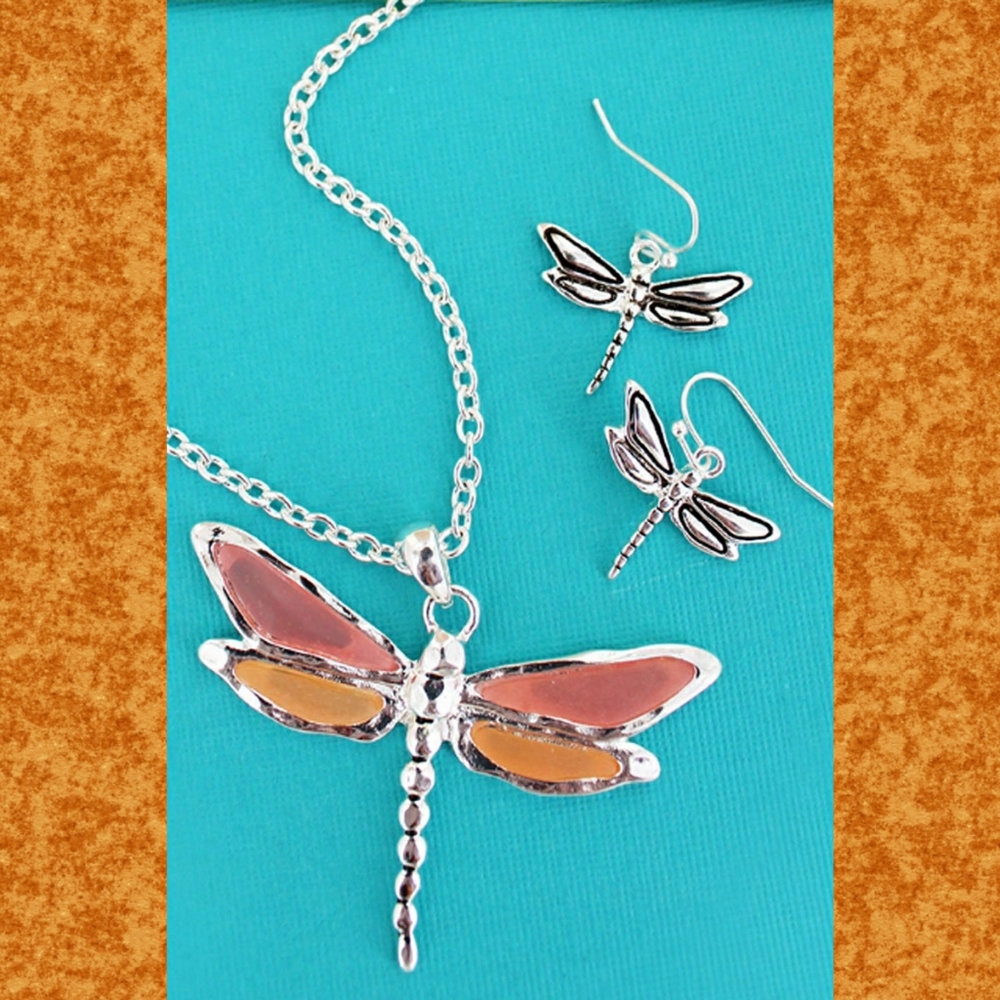 Dragonfly Insect faux Seaglass Chain Necklace + Earring Set boho hippie Hippy